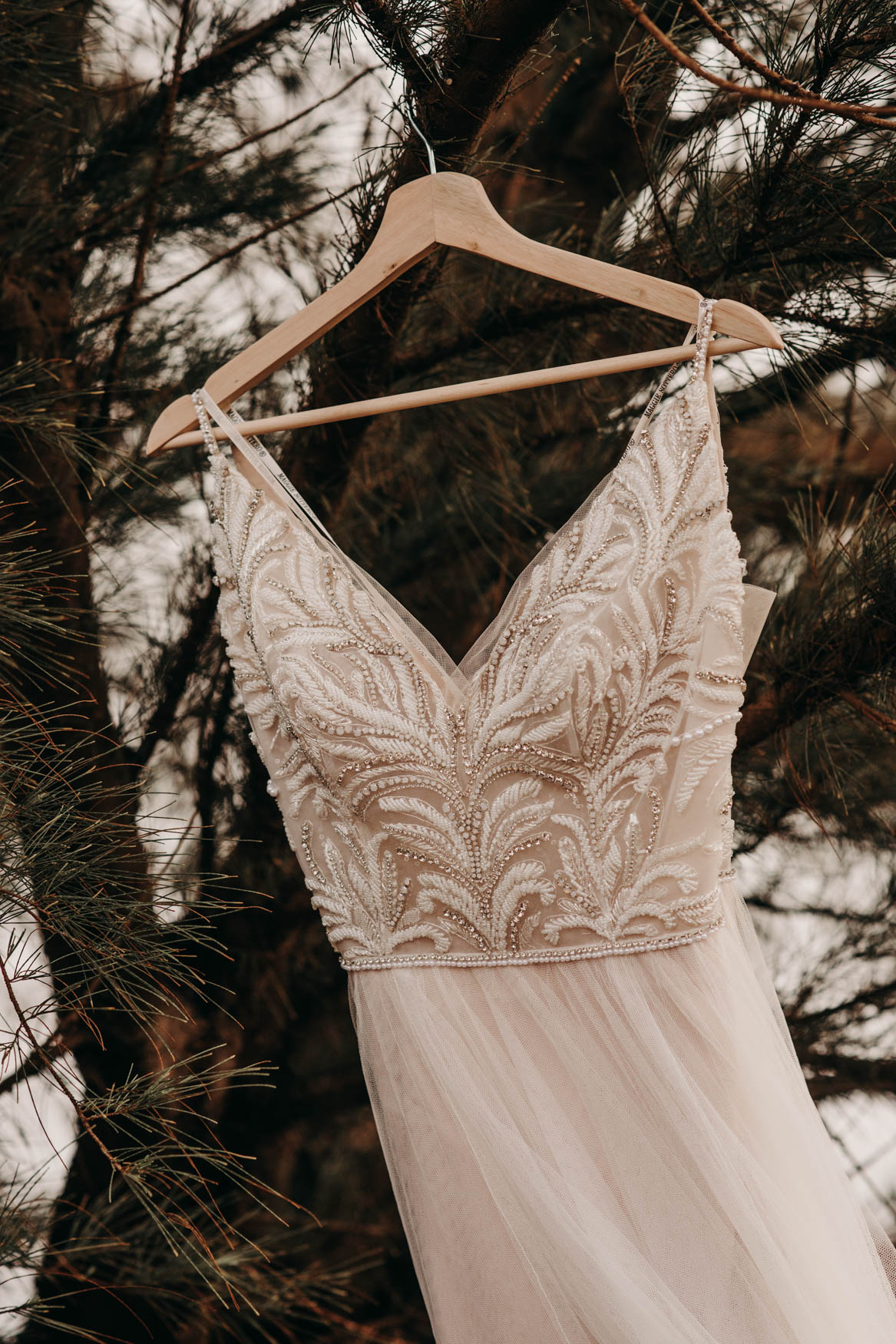 A beaded wedding dress hangs from a tree, wafting in the breeze