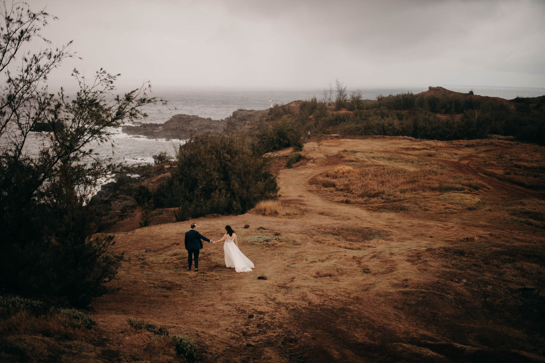 A distant shot with Andrew and Alison in the midframe. They stand in the mowed area of the field, cliffs and the ocean to their left, red clay pathways to their right. They hold hands and stand a little far apart, looking at one another.